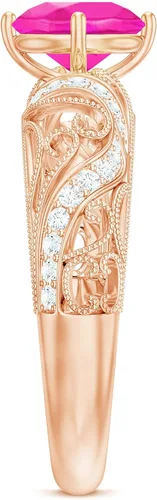 Miniatura 25 de Anillo de compromiso redondo de zafiro rosa cultivado en laboratorio certificado con diamante Calidad AAAA Anillo de estilo vintage para mujer
