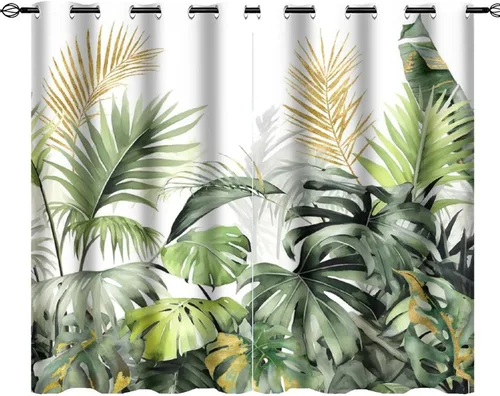Miniatura 11 de Cortinas abstractas de hojas tropicales, acuarela tropical, hojas de palma, verano hawaiano, plátano, aislamiento térmico, cortinas completas
