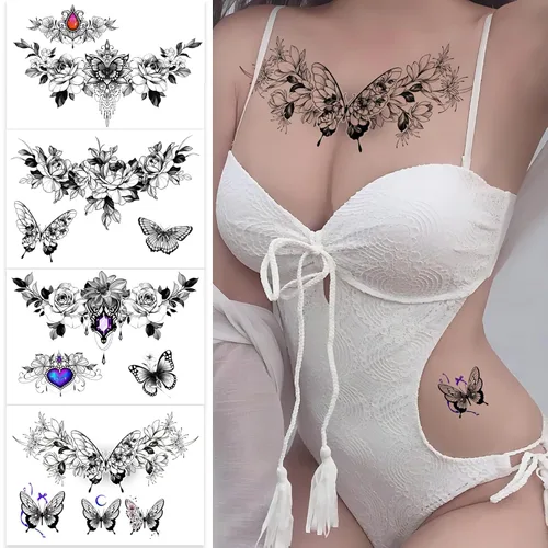 Miniatura 7 de ROARHOWL Tatuaje Temporal Sexy para Mujeres Juego de Tatuajes Sexys Hermosos Exquisitos Flores Realistas en 3D, Mariposa, Abdomen, Pecho, Cintura
