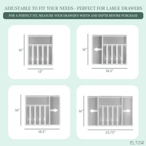 Miniatura 2 de ELTOW Organizador grande de cubiertos expandible, 8 compartimentos antideslizante y ajustable, organizador de cubiertos para cajón, organización