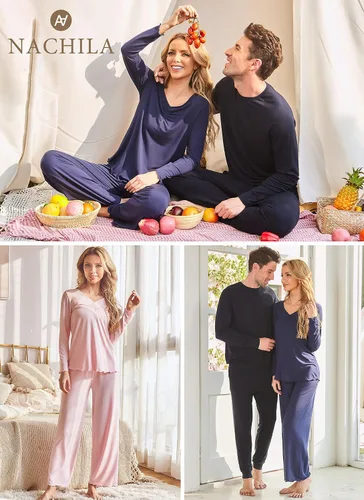 Miniatura 3 de NACHILA Conjunto de pijama de bambú de manga larga para mujer, conjunto de pantalones de pijama suave S-XXL