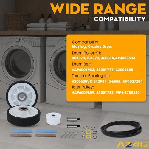 Miniatura 4 de Kit de reparación de secador AZ4U Rodillos del tambor 12001541 303373K W10116741 303373, Correa 33002535 WP33002535 33001777, Polea tensora