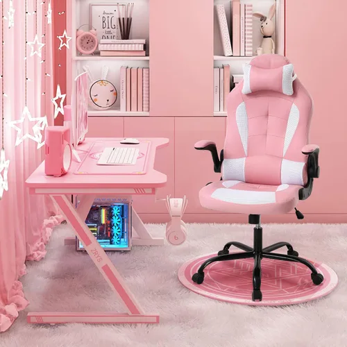 Miniatura 2 de Silla de juegos con reposacabezas y soporte lumbar, grande y alta, altura ajustable, silla ergonómica para juegos de PC en piel sintética Rosa