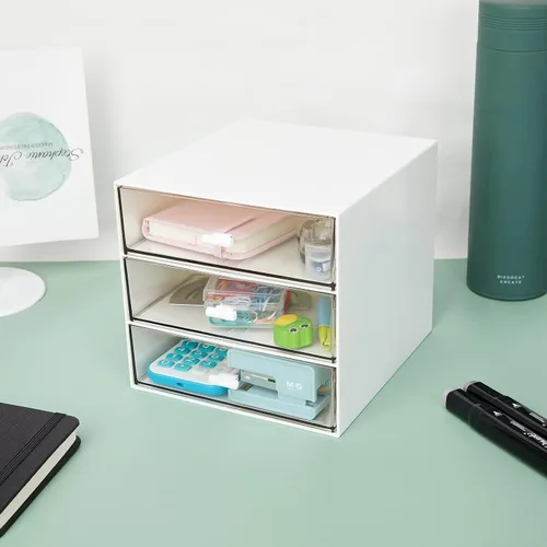 Miniatura 7 de Organizador de escritorio con 3 cajones, caja de almacenamiento de escritorio de plástico transparente, organización de escritorio para suministros
