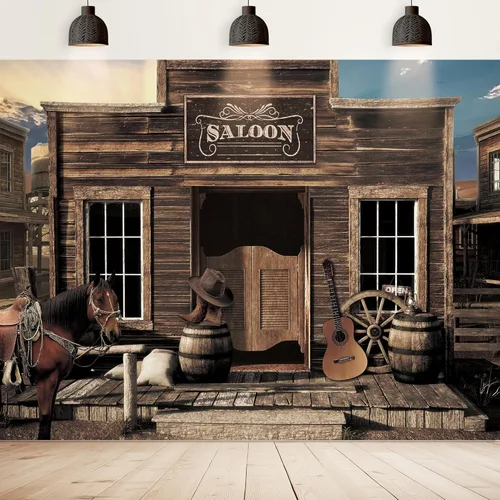 Miniatura 7 de Telón de fondo vintage vaquero occidental 2.1x1.5 m puerta de granero de madera rural para bar de país, salón, caballo, oeste salvaje, tela