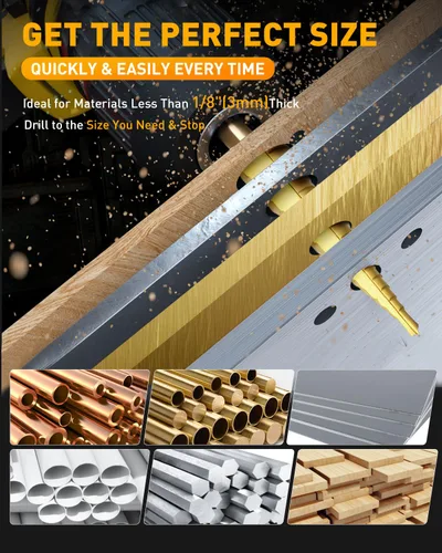 Miniatura 5 de COMOWARE Juego de brocas escalonadas, 5 piezas, revestimiento de titanio con punzón central automático, longitud corta, cuchillas de corte doble