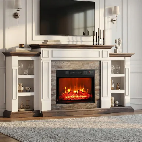 Chimenea eléctrica de 72 pulgadas con chimenea, soporte de TV para televisores de hasta 80 pulgadas, centro de entretenimiento de granja con Blanco