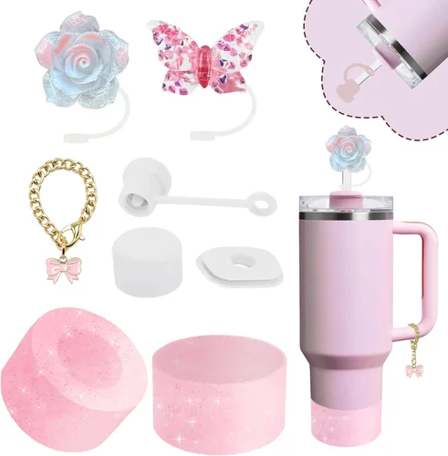 Miniatura 14 de Conjunto de accesorios para taza Stanley, incluye 2 piezas de cubierta de pajita de 0.4 pulgadas, 1 tapón antiderrame de silicona, 1 lindo encanto