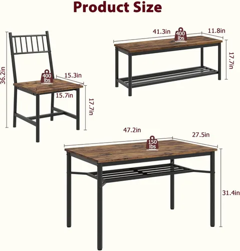 Miniatura 8 de IDEALHOUSE Juego de mesa de comedor para 4, mesa de cocina y 2 sillas con banco de almacenamiento, juego de mesa de cocina rectangular de 47.2
