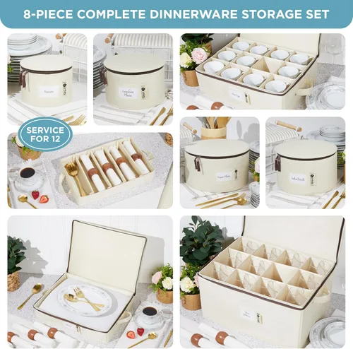 Miniatura 5 de Juego de 8 cajas de almacenamiento de China para vajilla, vasos, platos, tazas y platillos, organizador de platos resistente con divisores para Beige