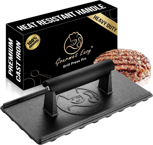 Prensa de parrilla de hierro fundido de 3 libras, prensa de hamburguesa resistente para plancha resistente al calor, trituradora de hamburguesas,
