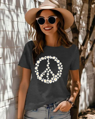 Miniatura 2 de Camiseta de amor con signo de paz para mujer, camiseta con estampado de flores, hippie de manga corta de los años 60 y 70, camiseta inspiradora