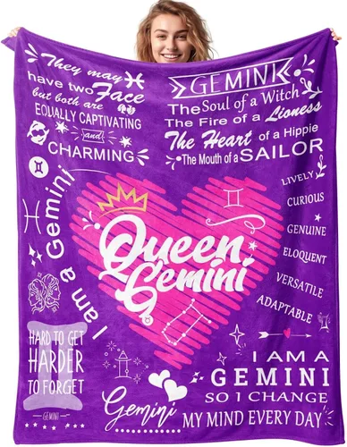 Manta del zodiaco Gemini de 50 x 60 pulgadas, forro polar agradable a la piel con diseño original y citas, regalo ideal para cumpleaños de junio