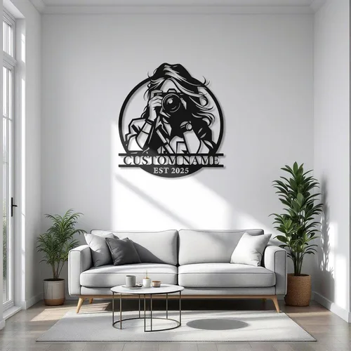 Miniatura 8 de Letrero de metal personalizado para fotógrafo, arte de pared de hierro para cámara y niña con cámara, decoración única con temática de fotografía