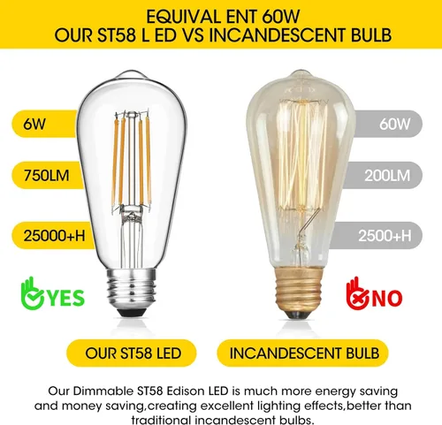 Miniatura 4 de Gozelux - Bombillas LED Edison vintage, 6 W, equivalentes a 60 W, regulables, luz blanca cálida 2700K, bombillas de filamento LED antiguas ST58