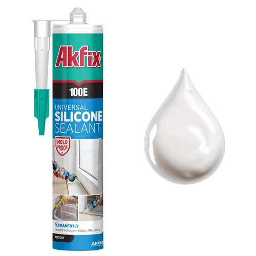Akfix 100E RTV - Calafateo de silicona blanca (1 x 10.1 onzas líquidas), sellador de silicona 100% impermeable para cocina y baño, ducha, inodoro,