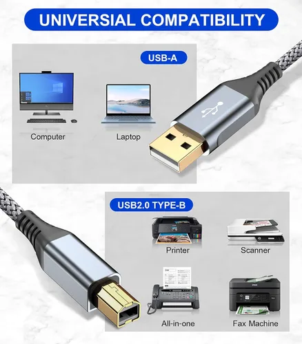 Miniatura 2 de Cable de impresora de 10 pies, USB 2.0 USB-A a USB-B, cable midi de nailon trenzado de alta velocidad para HP Canon, Brother Dell, Epson más, piano