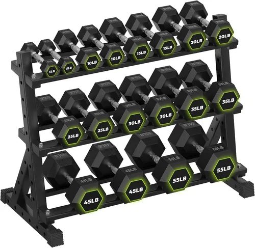 Miniatura 19 de HANDBODE Soporte para mancuernas de 3 niveles, estante de almacenamiento de capacidad de 1000 libras, estante de pesas para mancuernas, pesas rusas