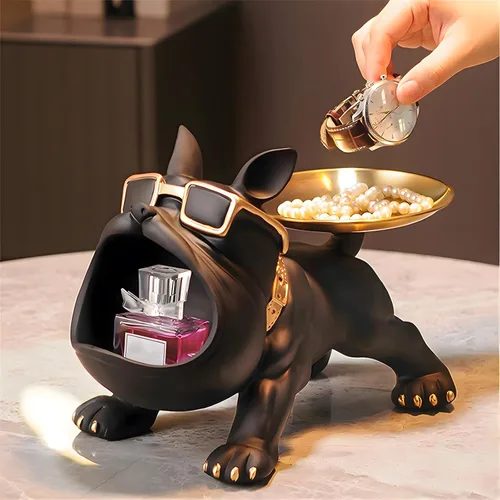 Miniatura 7 de Estatua de bandeja de bulldog francés de resina Huhote, plato de caramelos y llavero de bulldog, accesorios de bulldog francés, estatuas