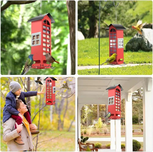 Miniatura 7 de Comederos para pájaros a prueba de ardillas, para colgar al aire libre, con puertos activados por peso, tubo cardenal de metal, comedero de semillas