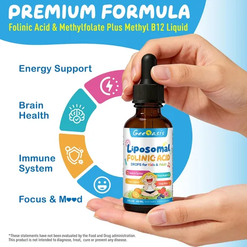 Miniatura 3 de Gotas de ácido folínico líquido y metilfolato para niños, suplemento de ácido fólico con B12 metilado para mujeres, con citrato de zinc, vitamina B6