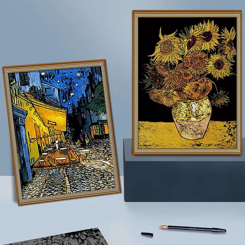 Miniatura 5 de Pintura artística para rascar, 4 piezas, Vincent Van Gogh, juego de papel arcoíris para adultos y niños, tarjeta de boceto de bricolaje, grabado