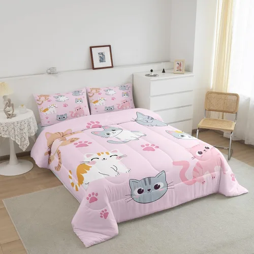 Miniatura 6 de Erosebridal - Juego de edredón para niños tamaño individual con diseño de gatos coloridos; juego de ropa de cama para niñas estilo Kawaii, Patrón 38