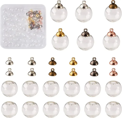 Miniatura 10 de Pandahall - 60 cuentas redondas hechas a mano de 0.551 in de vidrio transparente soplado con 5 colores de tapa de latón, botellas de bola de cristal