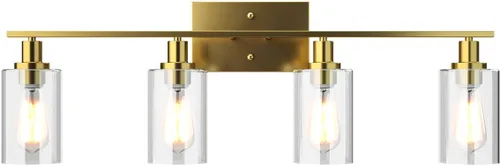 Miniatura 10 de Tangkula Lámparas de tocador de baño de 3 luces, apliques de pared modernos con pantalla de vidrio transparente con base E26, iluminación de pared