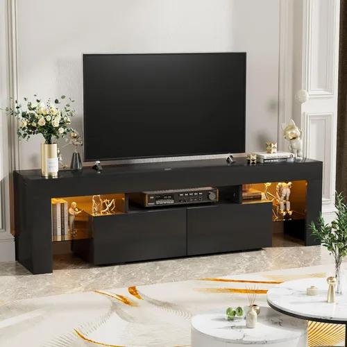 Miniatura 5 de YESHOMY Soporte de TV LED moderno negro para televisores de hasta 70 pulgadas con estantes de vidrio y cajón, centro de entretenimiento