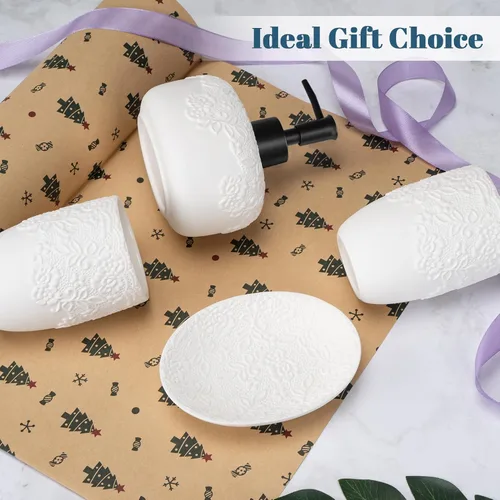 Miniatura 6 de Juego de accesorios de baño, 4 piezas de cerámica con diseño en relieve, dispensador de jabón de baño de 13.5 onzas y 2 vasos de cerámica, 1 jabonera