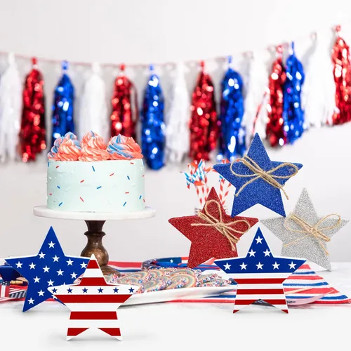 Miniatura 6 de Whaline 6 piezas de decoración de mesa de estrellas de madera para el 4 de julio, letreros patrióticos de bloque de estrellas con purpurina roja