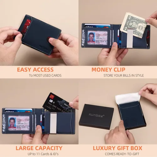 Miniatura 123 de RUNBOX - Carteras delgadas para hombre, cartera de piel con pinza para el dinero, cartera de bolsillo frontal con bloqueo RFID, tarjetero