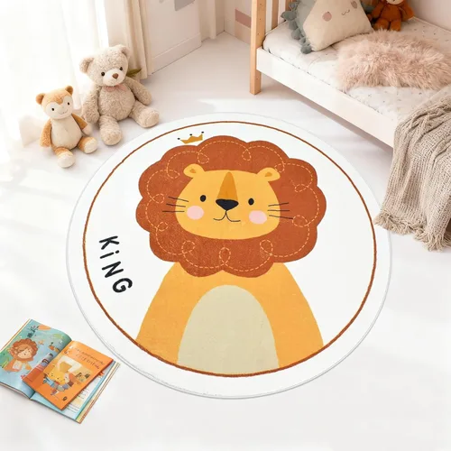 ABREEZE Alfombra de juego de lana sintética para niños, 4 pies, alfombra redonda de animales, alfombra de felpa suave antideslizante para León
