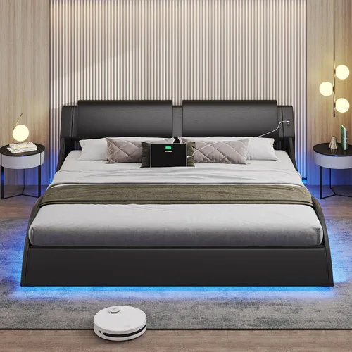 Miniatura 3 de DICTAC Base de cama King con puertos de carga y cabecero, base de cama de plataforma tamaño King con luces LED onduladas como curvas, soporte