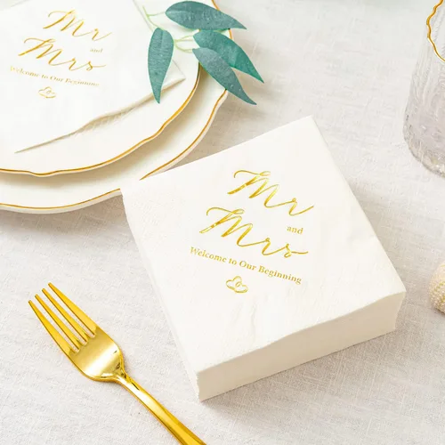 Miniatura 3 de Crisky Servilletas de 3 capas de papel de aluminio dorado Mr and Mrs de cóctel de boda, 100 unidades para bodas, fiestas, recepciones, postres