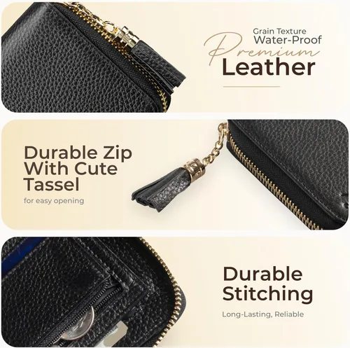 Miniatura 5 de Claasico Cartera Bifold para mujer con bloqueo RFID Cartera de piel auténtica con cremallera y bolsillo para monedas para mujer Elegante soporte