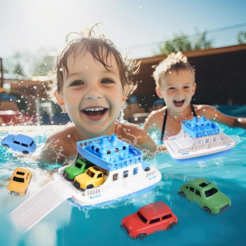Miniatura 7 de FUN LITTLE TOYS Barco de juguete para baño para niños pequeños con 4 juguetes de mini autos, juguetes de agua para niños, barco de ferry