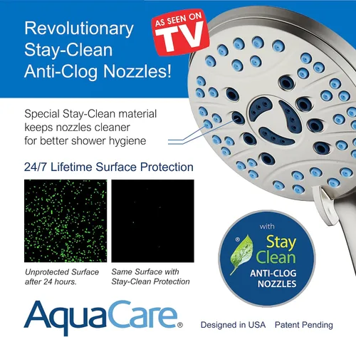 Miniatura 3 de Hotel Spa AquaCare Cabezal de regadera de mano de alta presión de 8 modos, boquillas antiobstrucción, lavado a máquina integrado para limpiar Níquel