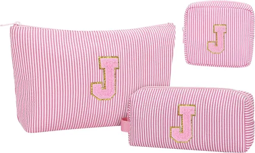 Miniatura 27 de Juego de bolsas de maquillaje con iniciales para niñas y mujeres, bolsa de cosméticos con monograma con soporte para cepillos, estuche de maquillaje