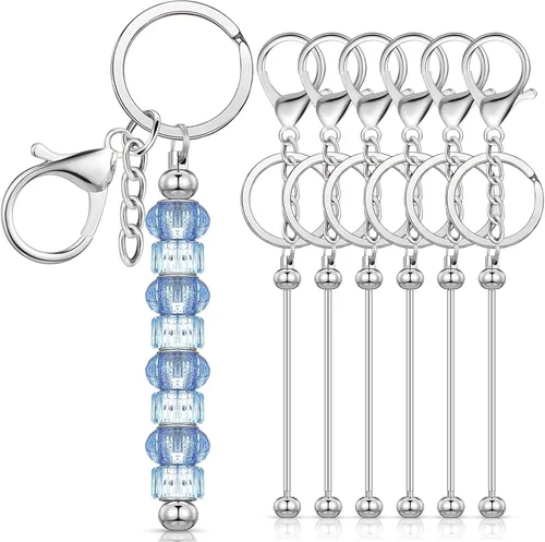 Huwena 6 piezas de llaveros con cuentas, barras en blanco, llavero de cuentas de metal para colgante, manualidades, joyería, regalo Plateado