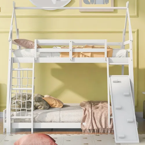 Miniatura 3 de Favfurish Litera de casa individual sobre Queen con redes de escalada y rampa de escalada para niños, adolescentes, niños y niñas, marco de cama