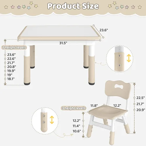Miniatura 3 de DOREROOM Juego de mesa y 2 sillas para niños, mesa y sillas para niños pequeños de altura ajustable con escritorio de graffiti, 31.5 pulgadas