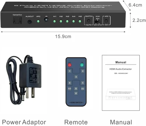 Miniatura 7 de 5 en 1 salida 4K @60Hz HDMI Switch Extractor de audio con óptico y salida de 0.138 in, divisor de audio HDMI 2.0 compatible con HDR 10, HDCP 2.2