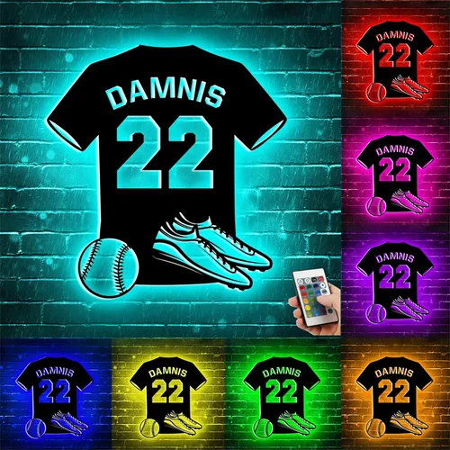 Letrero de metal de béisbol personalizado con luz LED, nombre de camiseta de béisbol personalizable, número, decoración de pared, regalo para casco