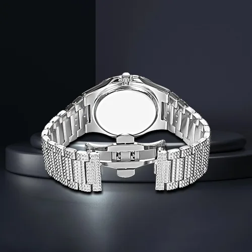 Miniatura 3 de Reloj unisex de lujo con diamantes de cristal, reloj de cuarzo de cara grande para mujer, reloj de cuarzo para hombre, color dorado, color plateado