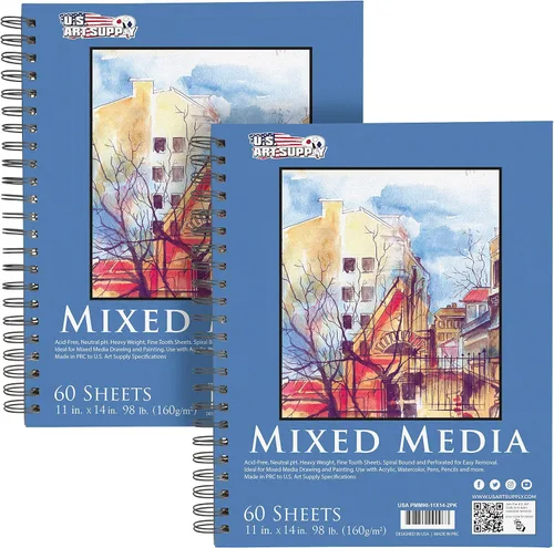 U.S. Art Supply Cuaderno de bocetos mixto de 11 x 14 pulgadas, paquete de 2 (60 hojas), 98 libras (160 GSM) - Bloc encuadernado en espiral con papel