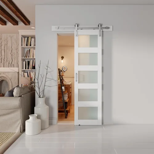 Miniatura 7 de puerta de granero de vidrio de 26'' x 84'' y kit de herrajes de níquel cepillado de 5 pies incluido, losa de puerta de granero blanca MDF con vidrio