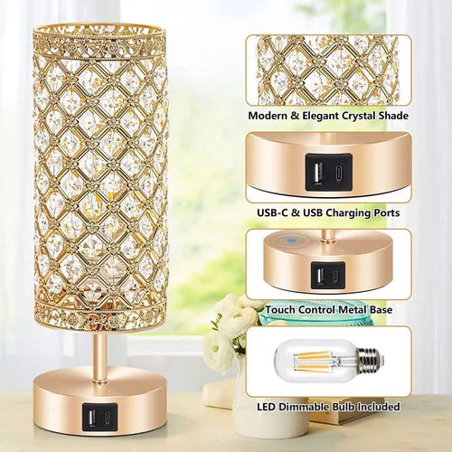 Miniatura 4 de Lámpara de mesa de cristal, lámpara de escritorio regulable K9 con control táctil, lámpara decorativa de cristal K9 con 2 puertos de carga USB