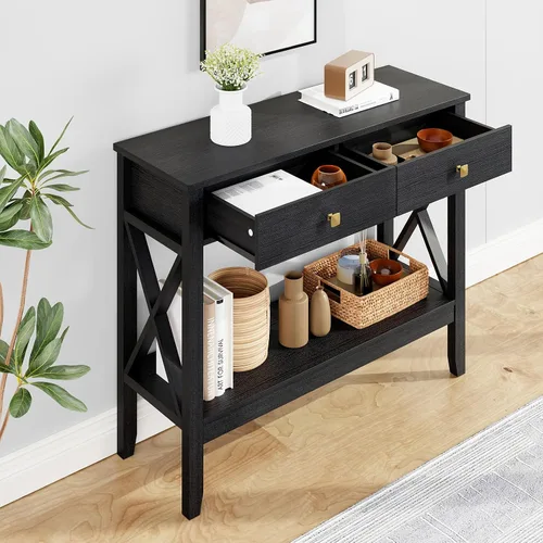 Miniatura 2 de Lomojo Mesa consola, mesa de sofá de 13.8 pulgadas de profundidad x 39.37 pulgadas de ancho x 31.5 pulgadas, mesa de entrada con 2 cajones, estante